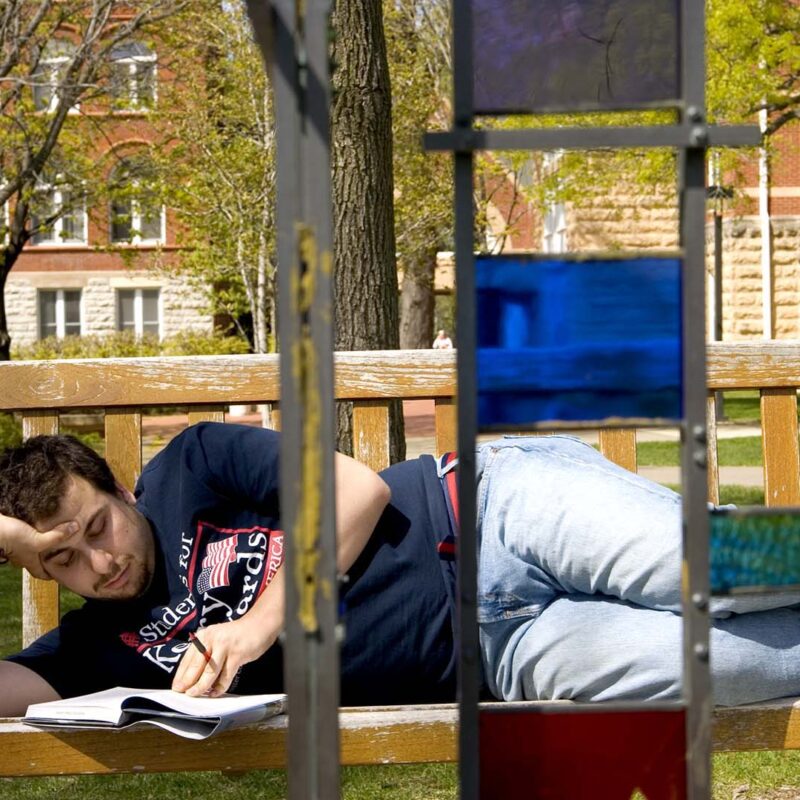 Student on a bench reading a book